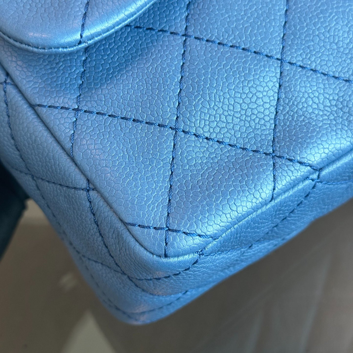 Caviar Jumbo Classic Flap 30CM Quilted Calfskin Blue SHW No 12