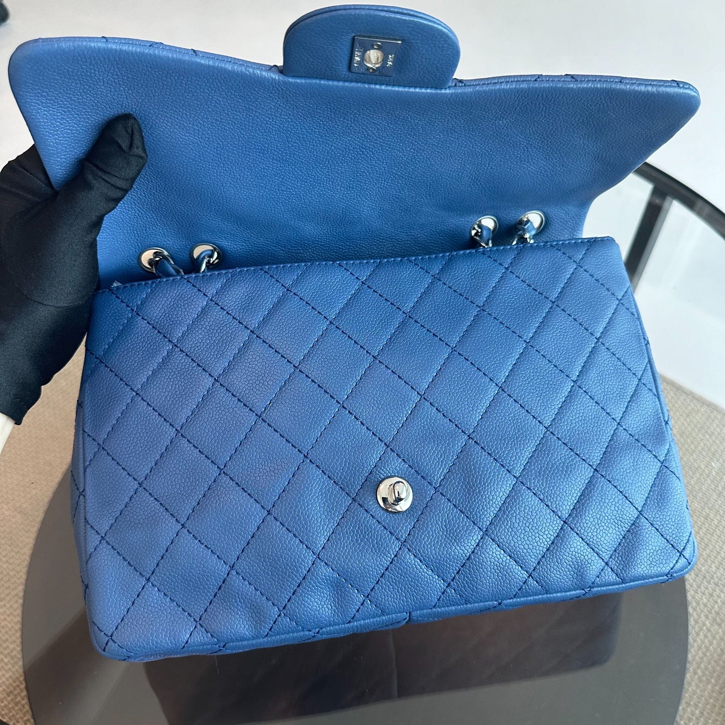 Caviar Jumbo Classic Flap 30CM Quilted Calfskin Blue SHW No 12