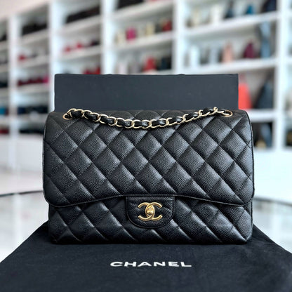 Caviar Jumbo Classic Flap Double Flap Quilted Calfskin Black GHW No 18