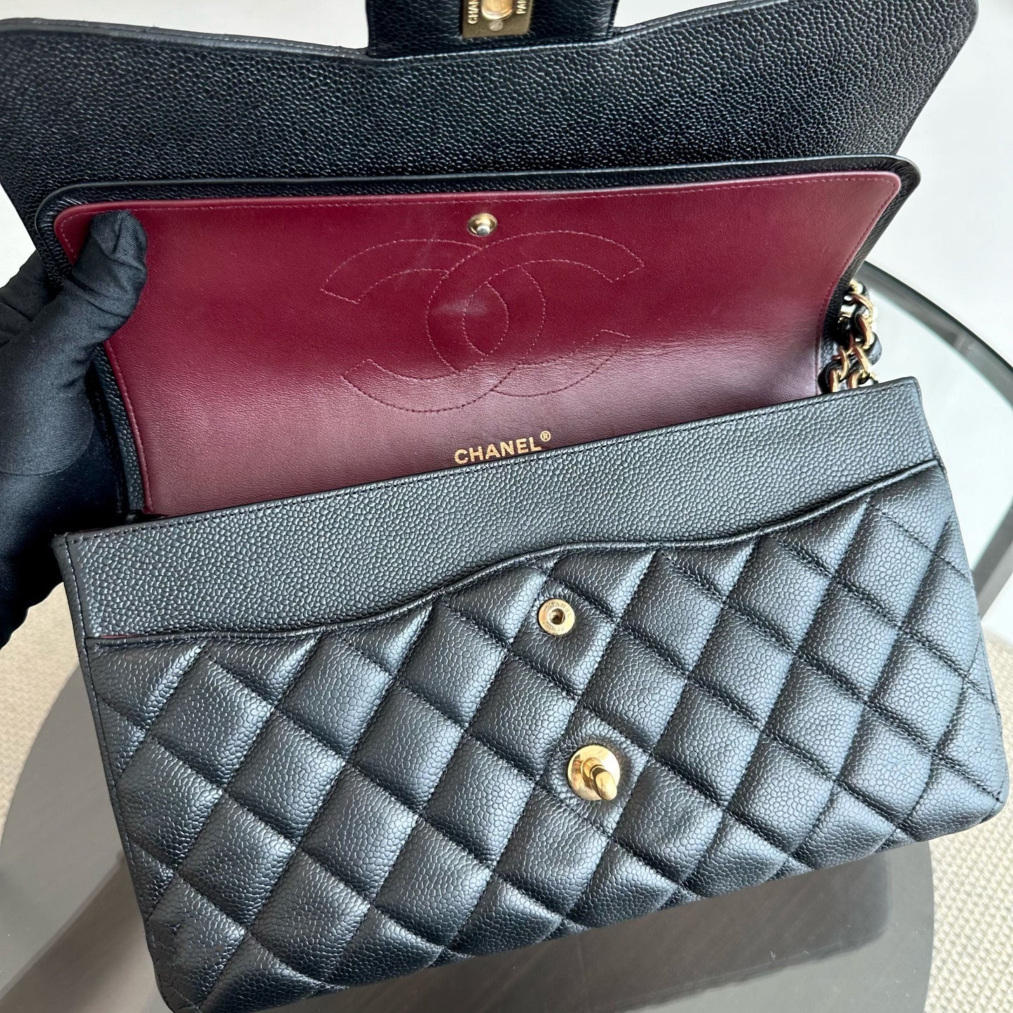 Caviar Jumbo Classic Flap Double Flap Quilted Calfskin Black GHW No 18