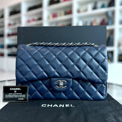 Caviar Jumbo Classic Flap Quilted Calfskin Dark Blue SHW No 15