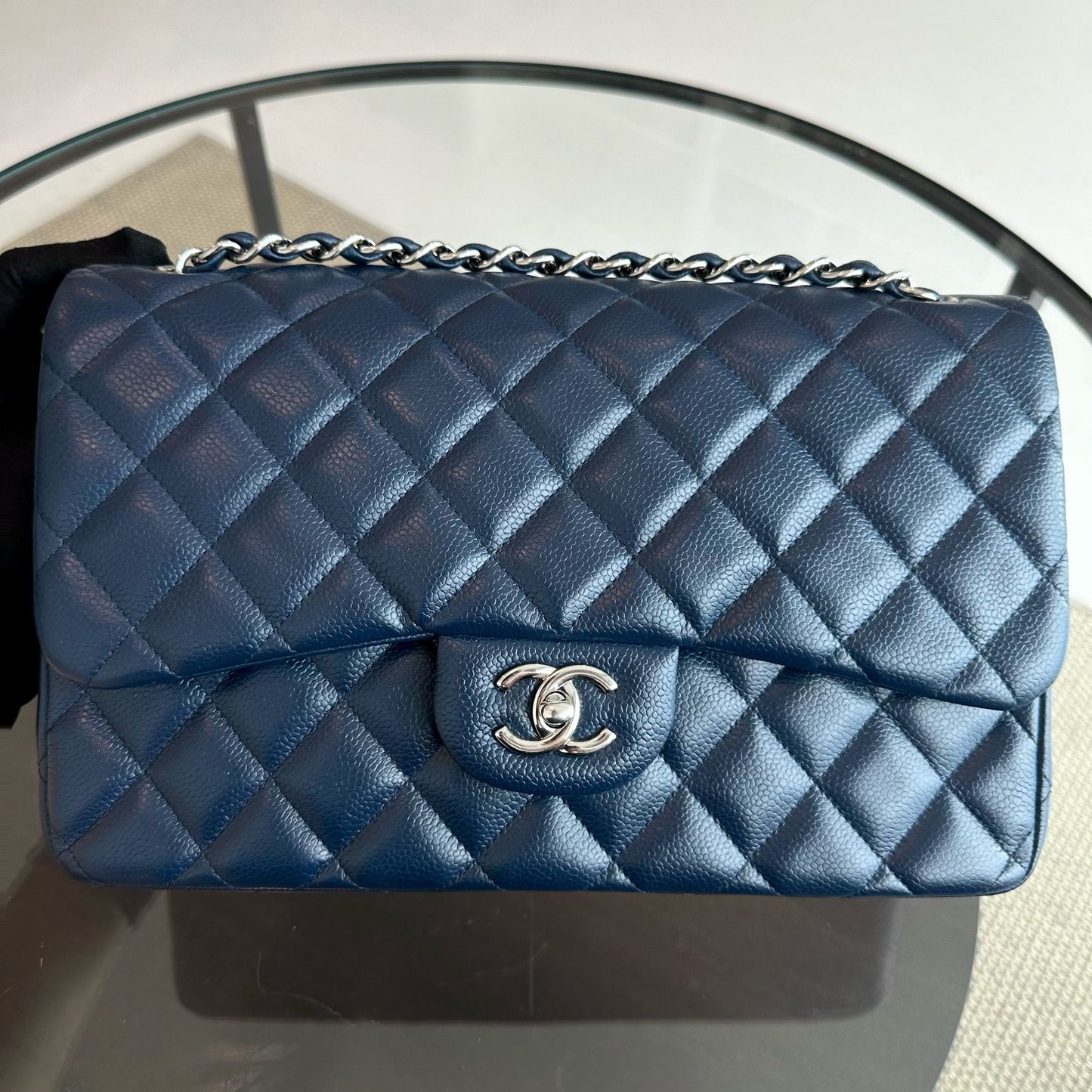 Caviar Jumbo Classic Flap Quilted Calfskin Dark Blue SHW No 15
