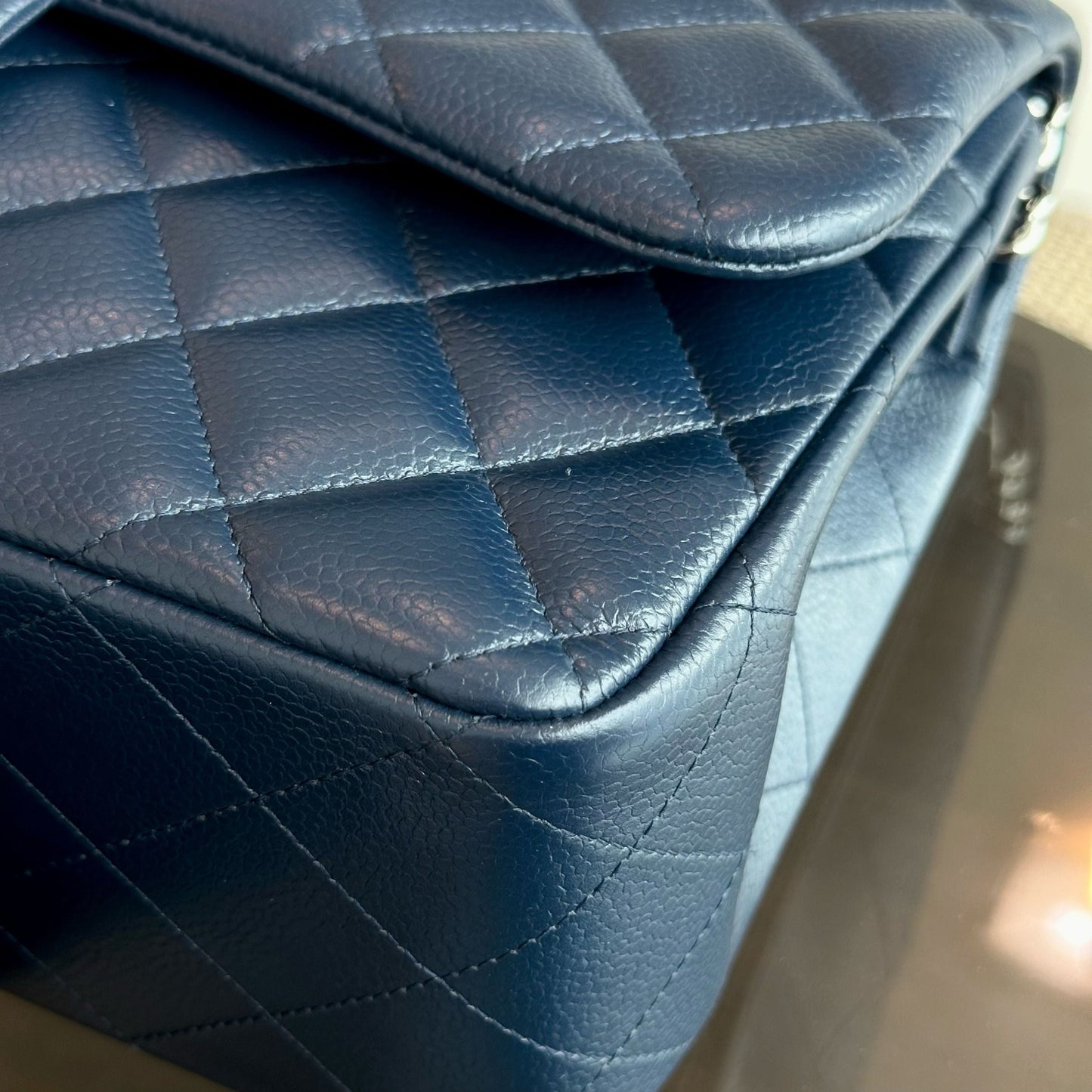 Caviar Jumbo Classic Flap Quilted Calfskin Dark Blue SHW No 15