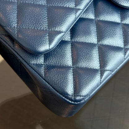 Caviar Jumbo Classic Flap Quilted Calfskin Dark Blue SHW No 15