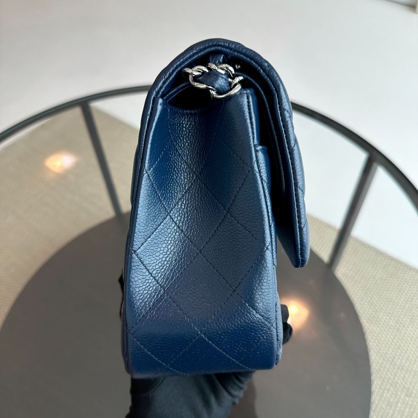Caviar Jumbo Classic Flap Quilted Calfskin Dark Blue SHW No 15