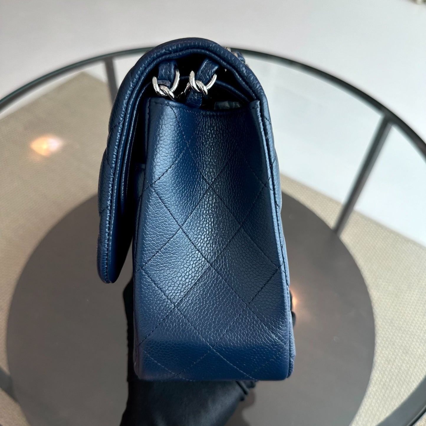 Caviar Jumbo Classic Flap Quilted Calfskin Dark Blue SHW No 15