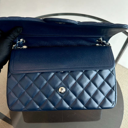 Caviar Jumbo Classic Flap Quilted Calfskin Dark Blue SHW No 15