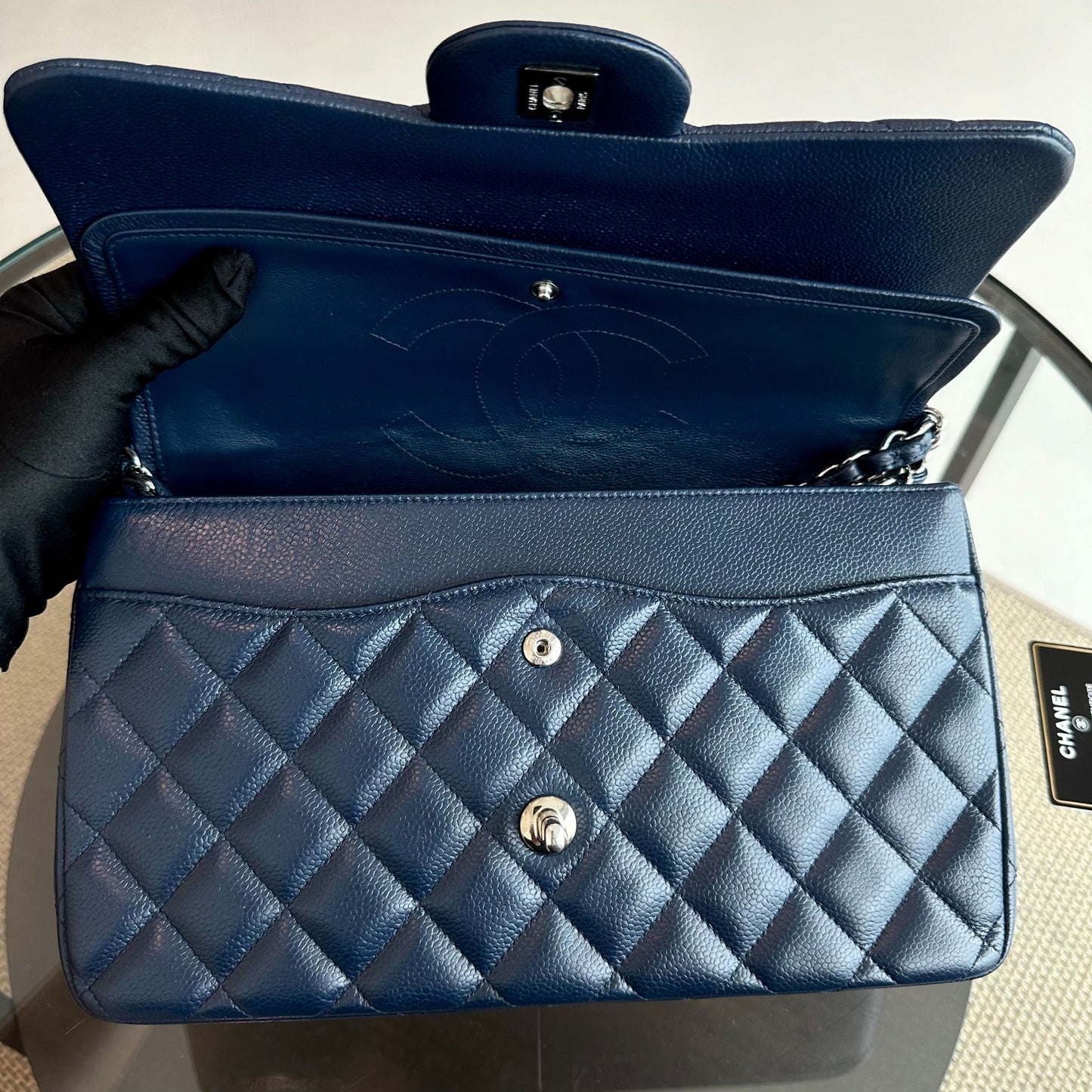 Caviar Jumbo Classic Flap Quilted Calfskin Dark Blue SHW No 15