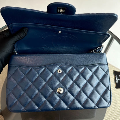 Caviar Jumbo Classic Flap Quilted Calfskin Dark Blue SHW No 15