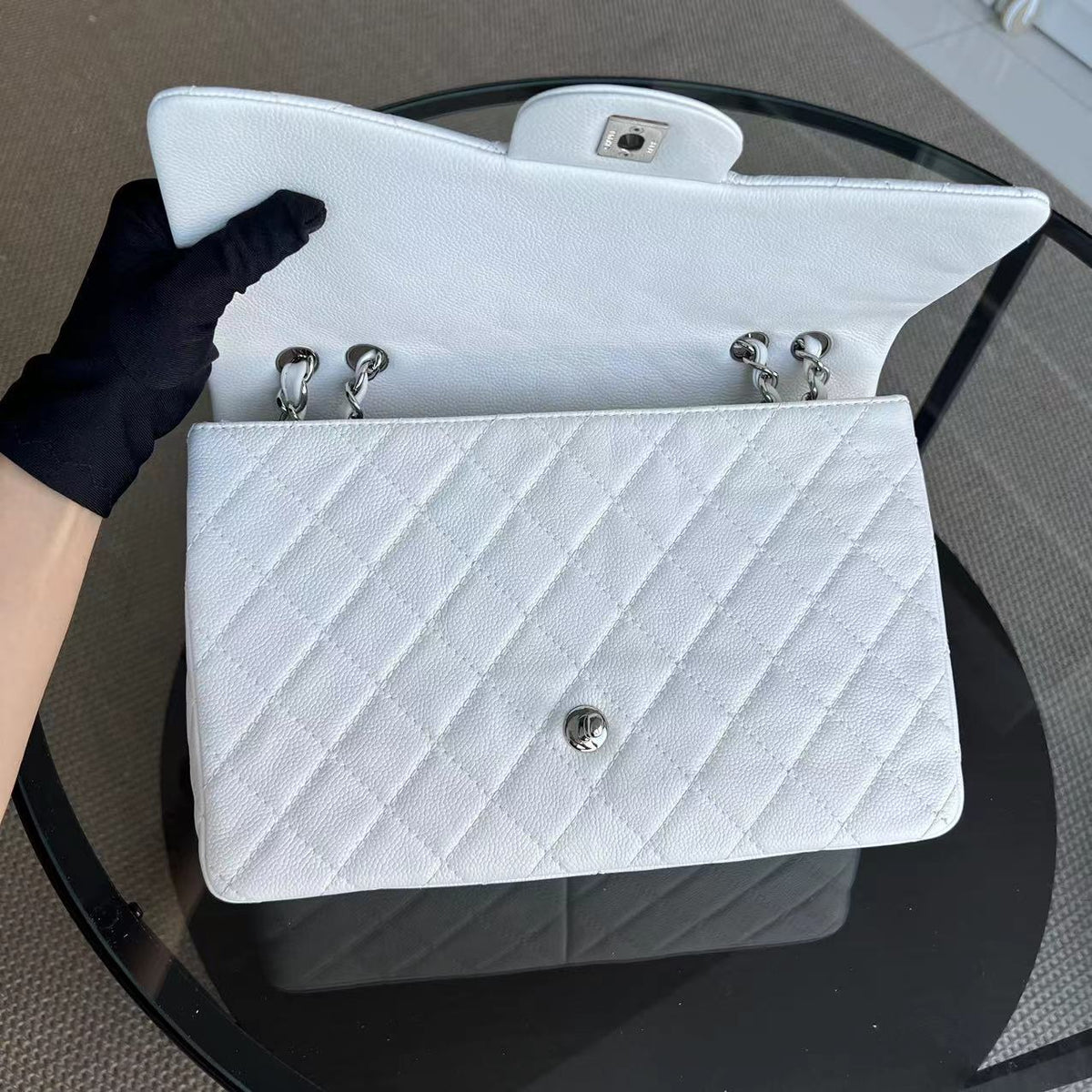 Caviar Jumbo Classic Flap Quilted Calfskin White Silver Hardware Series 12