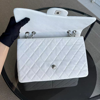 Caviar Jumbo Classic Flap Quilted Calfskin White Silver Hardware Series 12