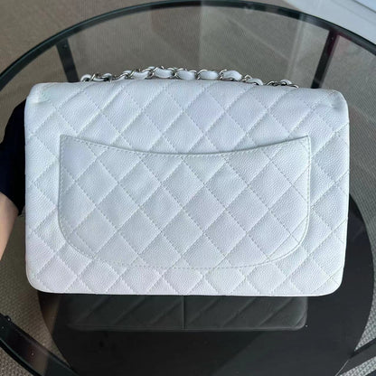 Caviar Jumbo Classic Flap Quilted Calfskin White Silver Hardware Series 12