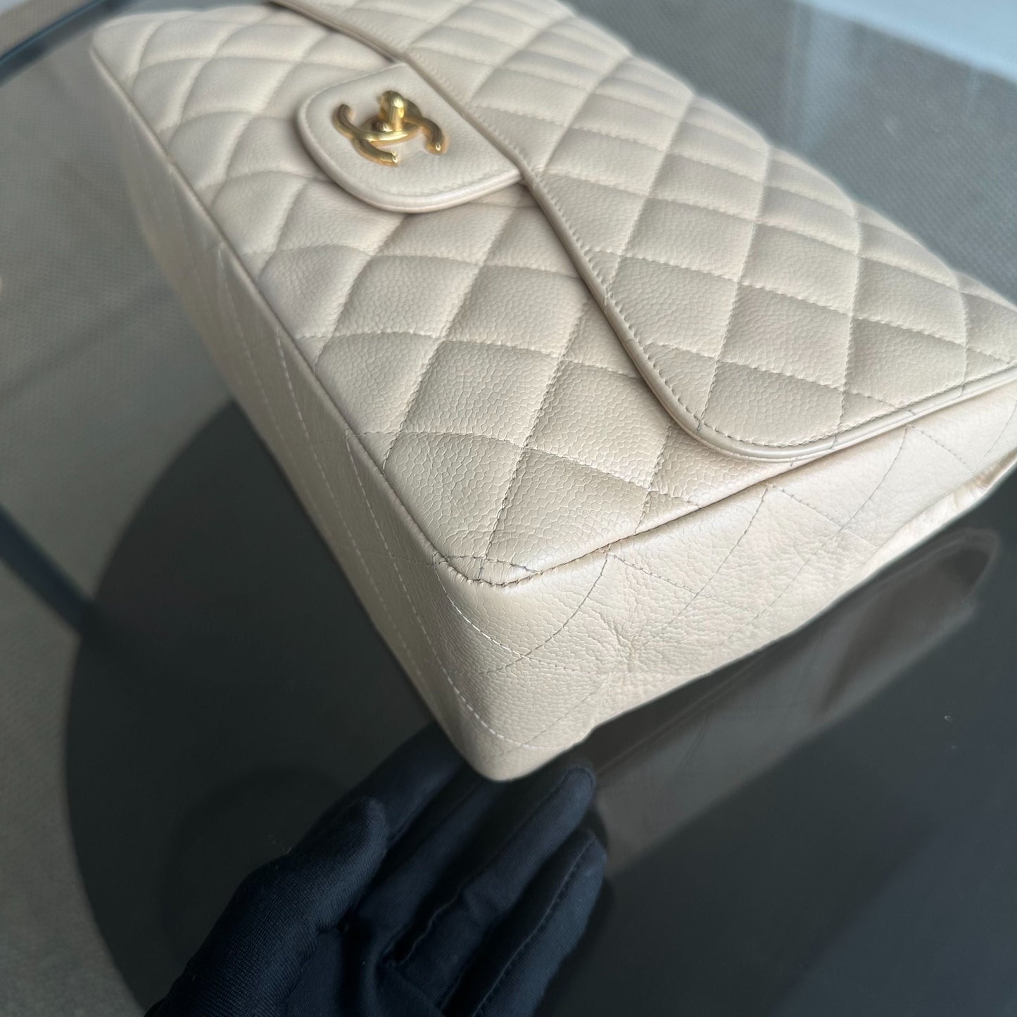 Caviar Jumbo Classic Flap Single Flap Beige Quilted Calfskin GHW No 13