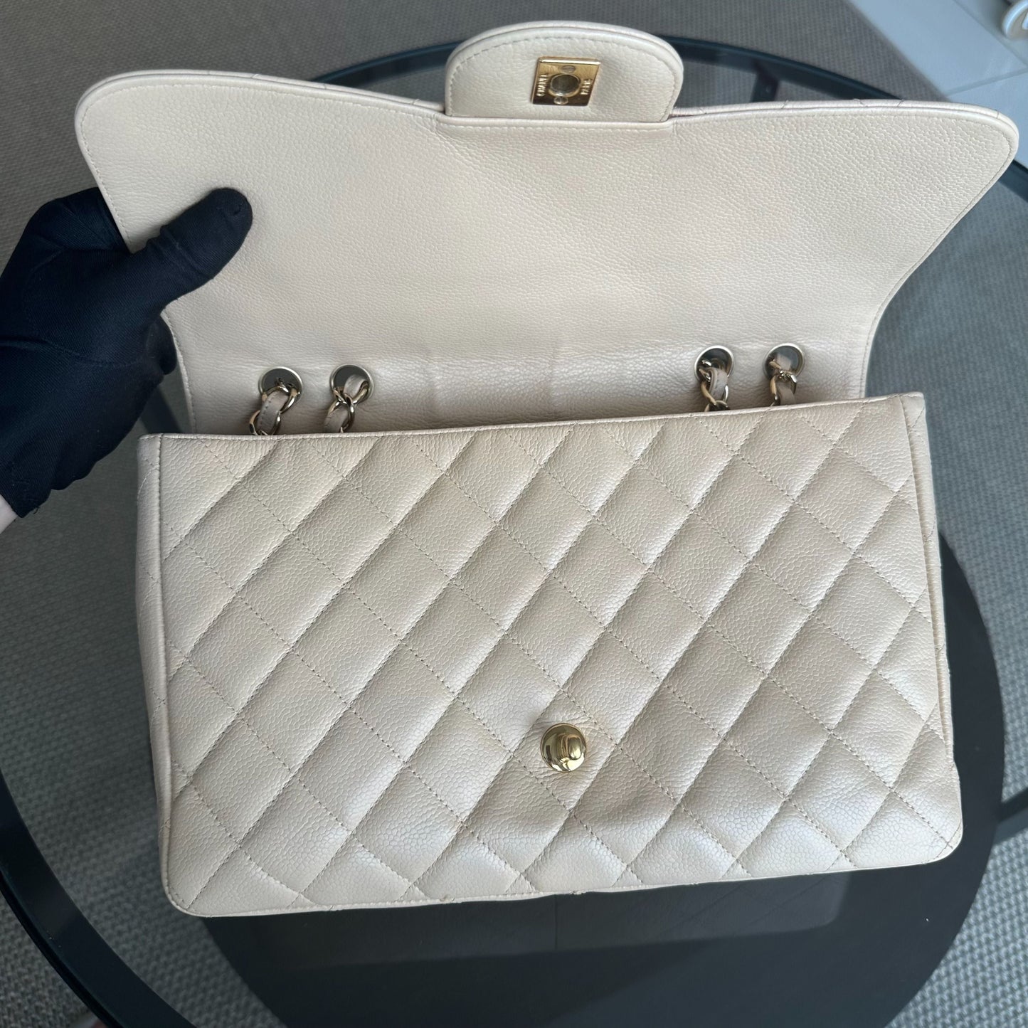 Caviar Jumbo Classic Flap Single Flap Beige Quilted Calfskin GHW No 13