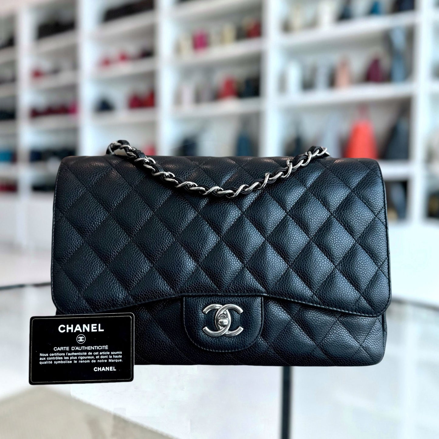 Caviar Jumbo Classic Flap Single Flap Quilted Calfskin Black SHW No 13
