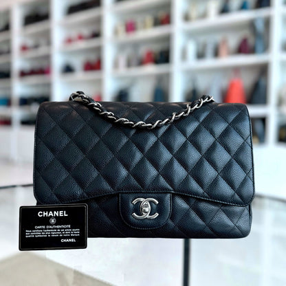 Caviar Jumbo Classic Flap Single Flap Quilted Calfskin Black SHW No 13