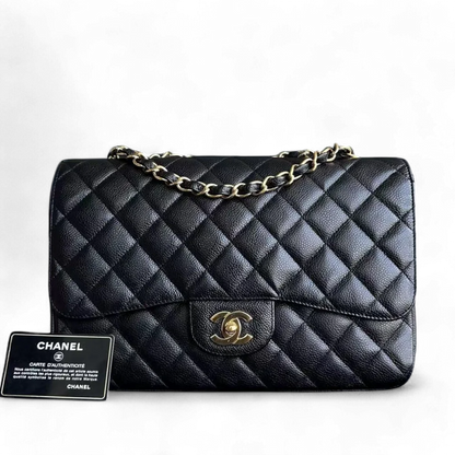 Caviar Jumbo Classic Flap Single Flap Quilted Grained Calfskin Black Golden Hardware Series 13