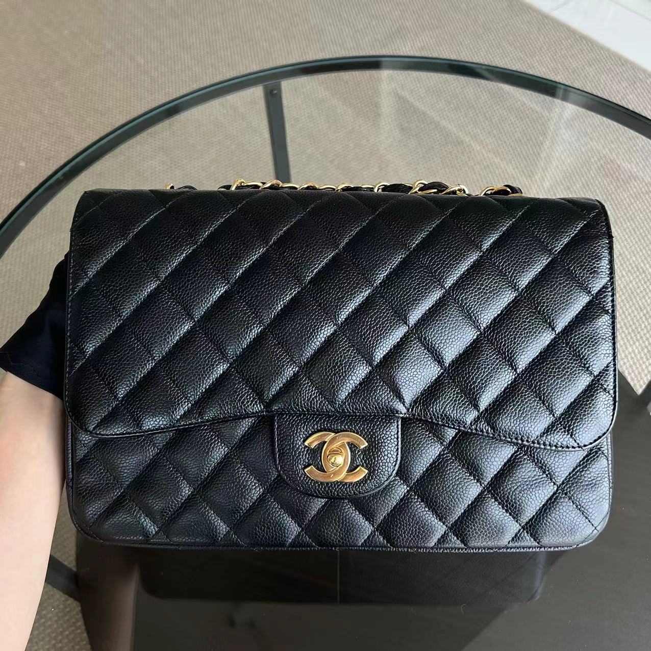 Caviar Jumbo Classic Flap Single Flap Quilted Grained Calfskin Black Golden Hardware Series 13