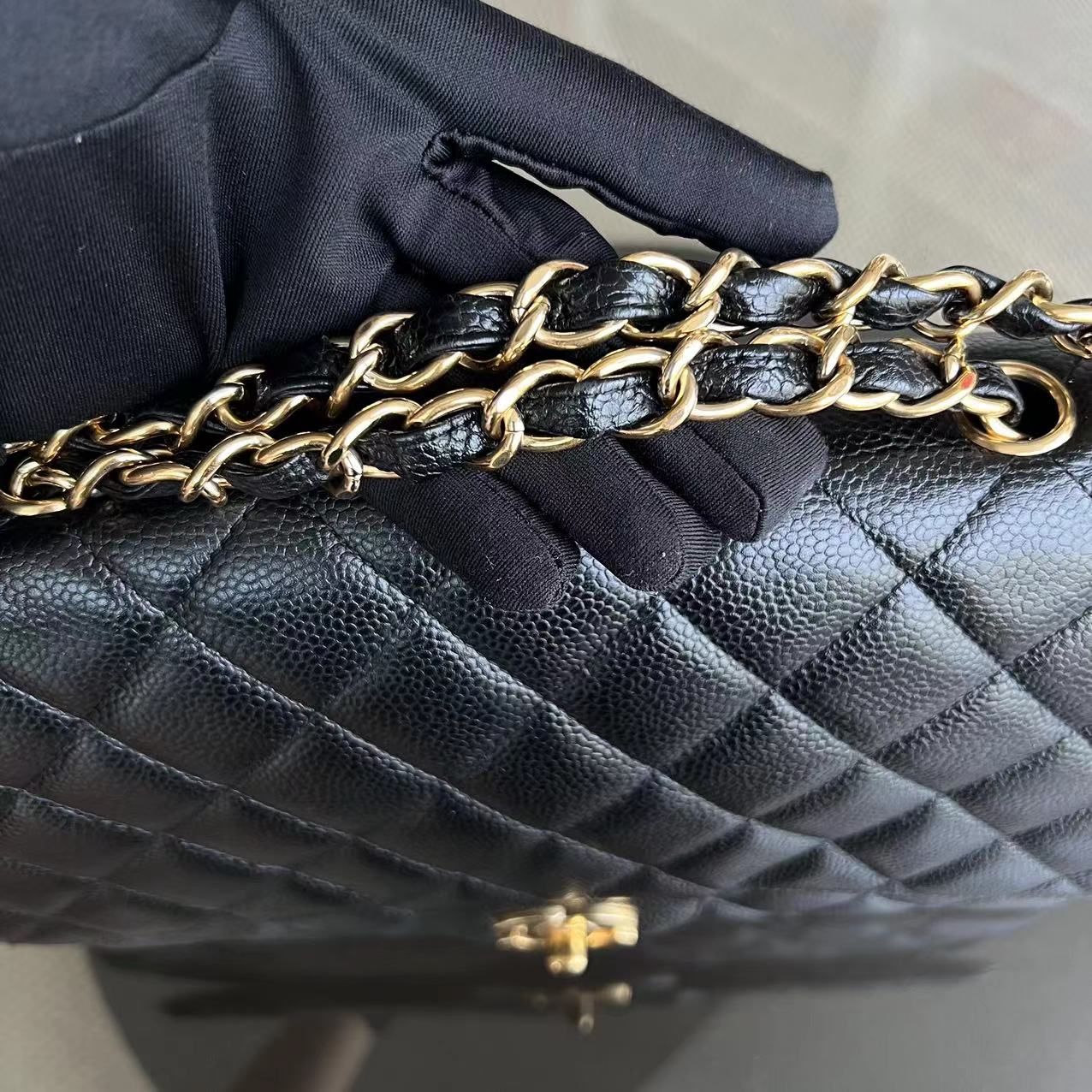 Caviar Jumbo Classic Flap Single Flap Quilted Grained Calfskin Black Golden Hardware Series 13