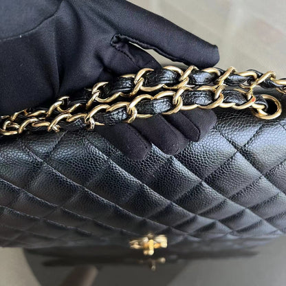 Caviar Jumbo Classic Flap Single Flap Quilted Grained Calfskin Black Golden Hardware Series 13