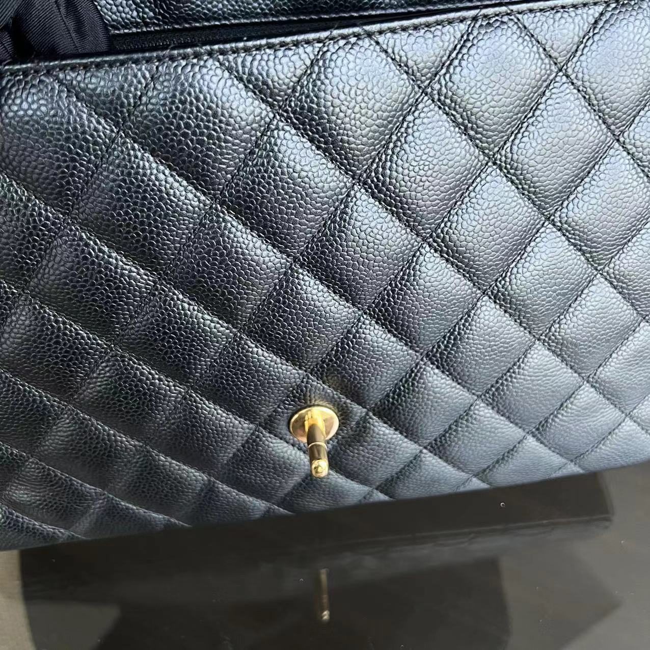Caviar Jumbo Classic Flap Single Flap Quilted Grained Calfskin Black Golden Hardware Series 13