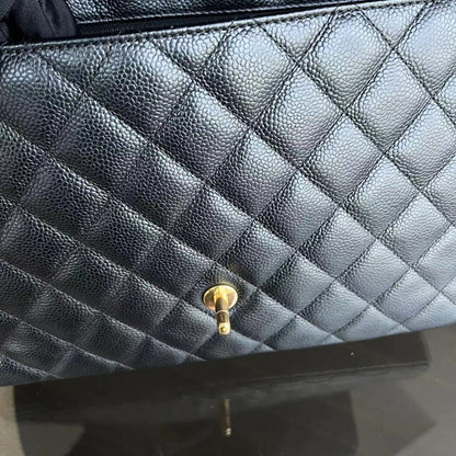 Caviar Jumbo Classic Flap Single Flap Quilted Grained Calfskin Black Golden Hardware Series 13