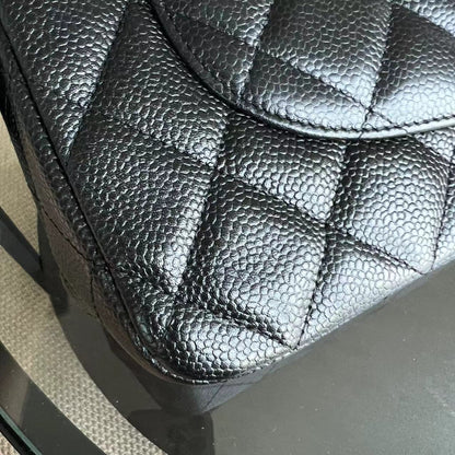 Caviar Jumbo Classic Flap Single Flap Quilted Grained Calfskin Black Golden Hardware Series 13