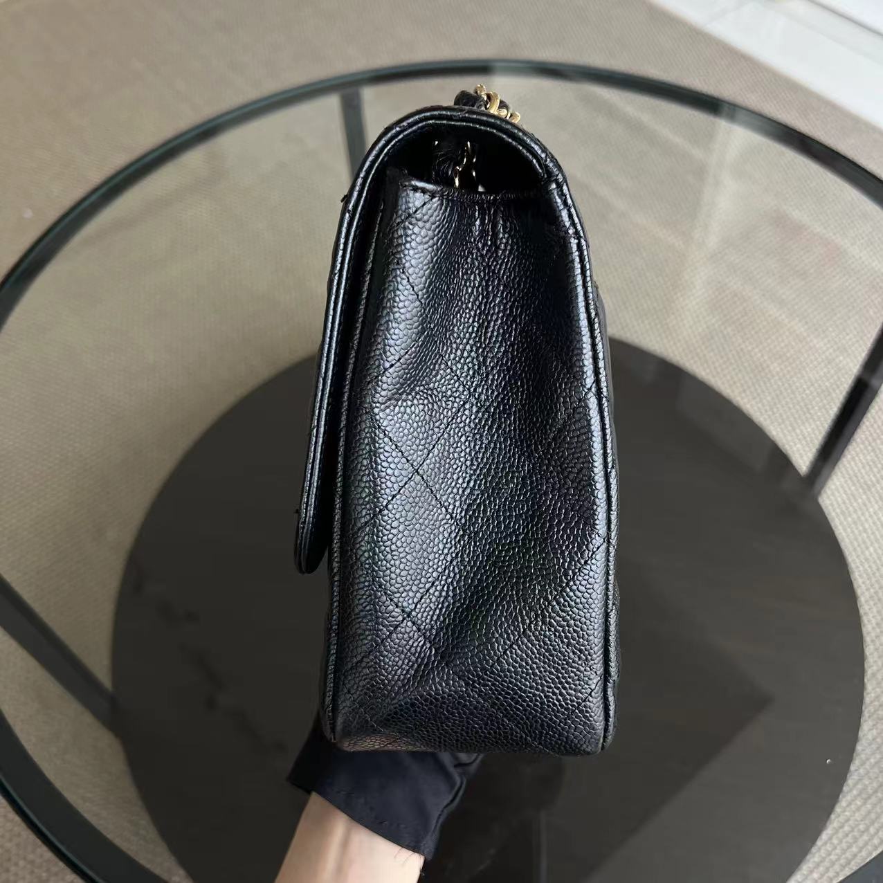 Caviar Jumbo Classic Flap Single Flap Quilted Grained Calfskin Black Golden Hardware Series 13