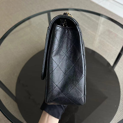 Caviar Jumbo Classic Flap Single Flap Quilted Grained Calfskin Black Golden Hardware Series 13