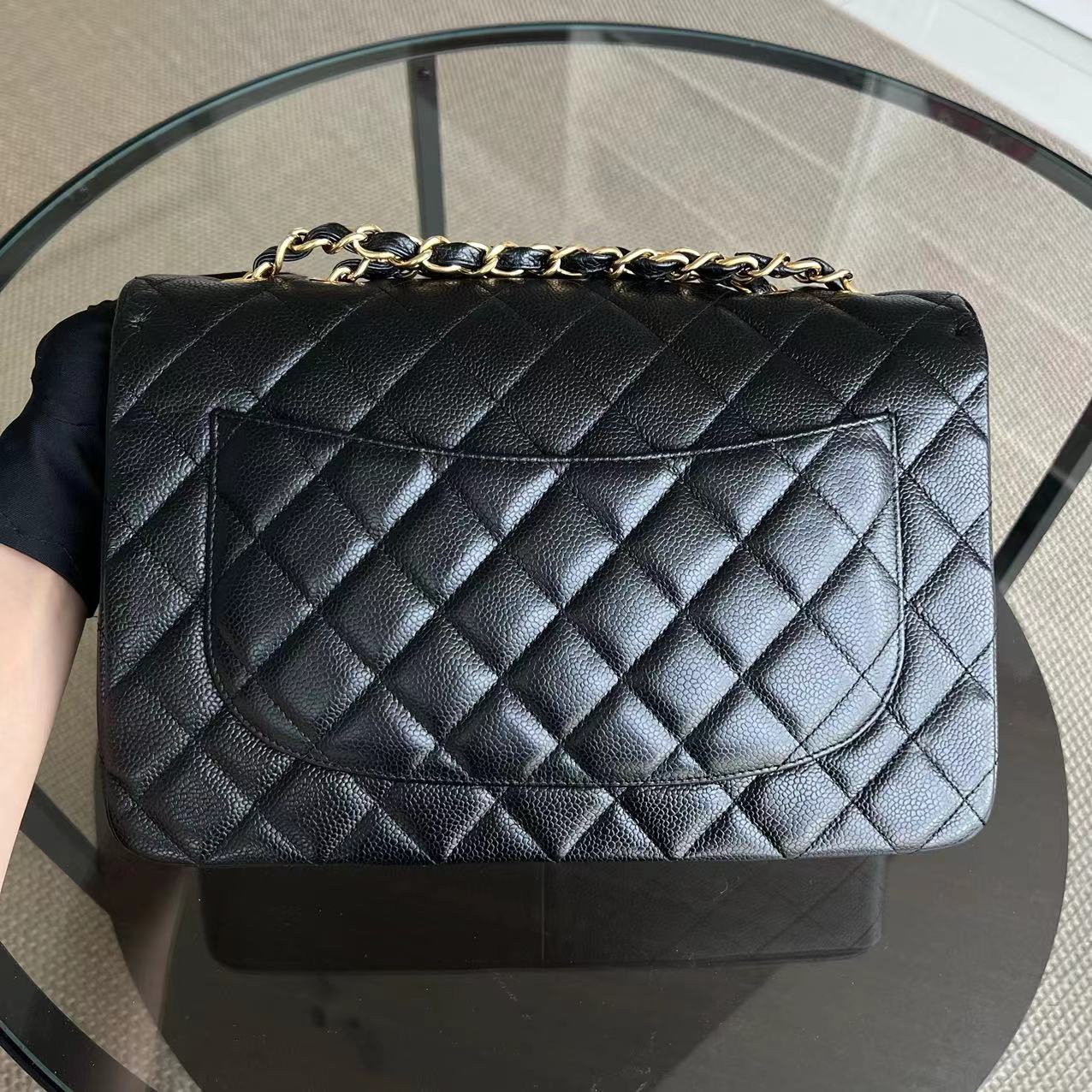 Caviar Jumbo Classic Flap Single Flap Quilted Grained Calfskin Black Golden Hardware Series 13