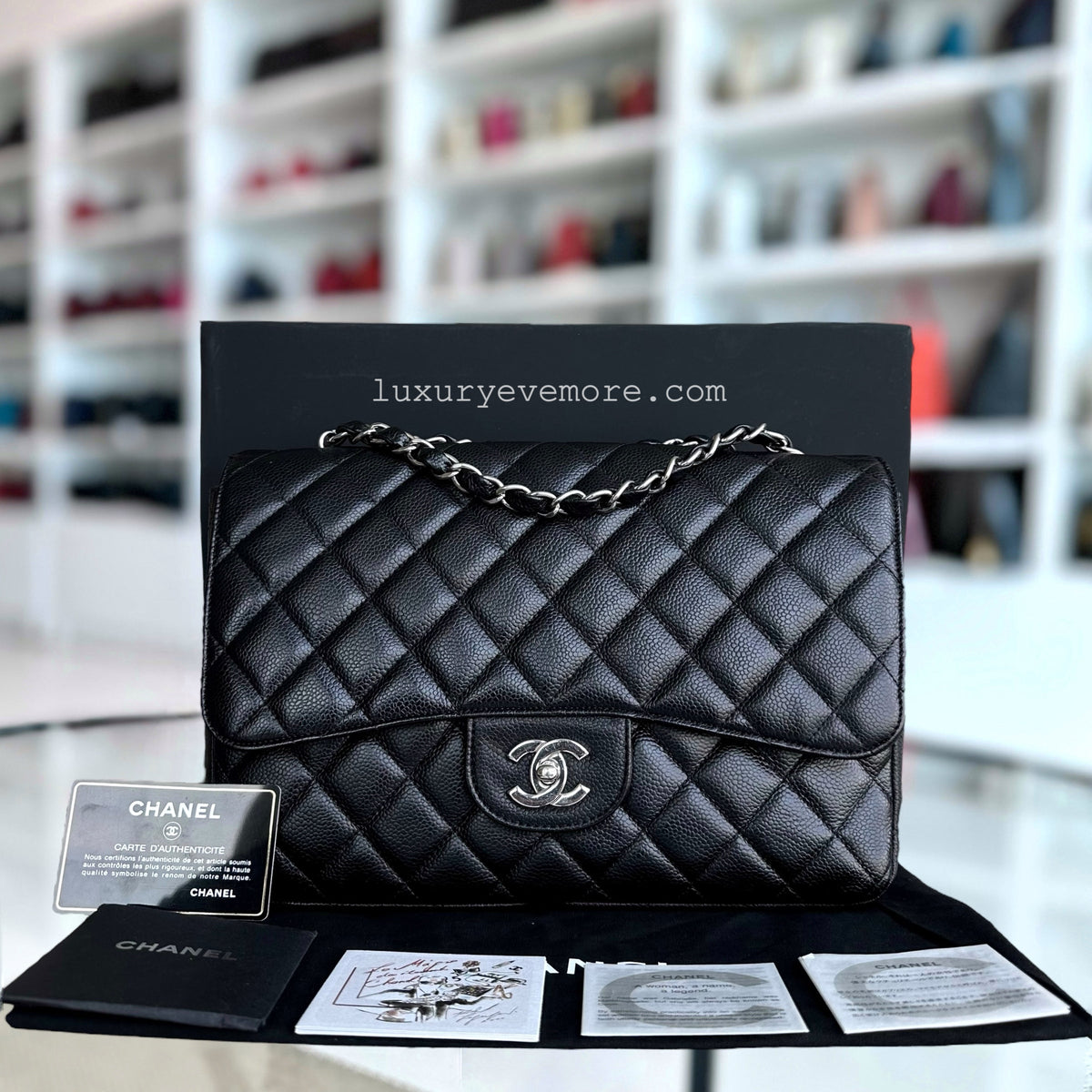 Chanel Caviar Jumbo Classic Flap Single Flap Quilted Grained Calfskin Black Silver Hardware Series 13