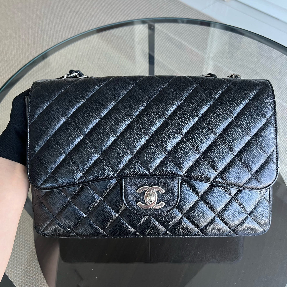 Chanel Caviar Jumbo Classic Flap Single Flap Quilted Grained Calfskin Black Silver Hardware Series 13