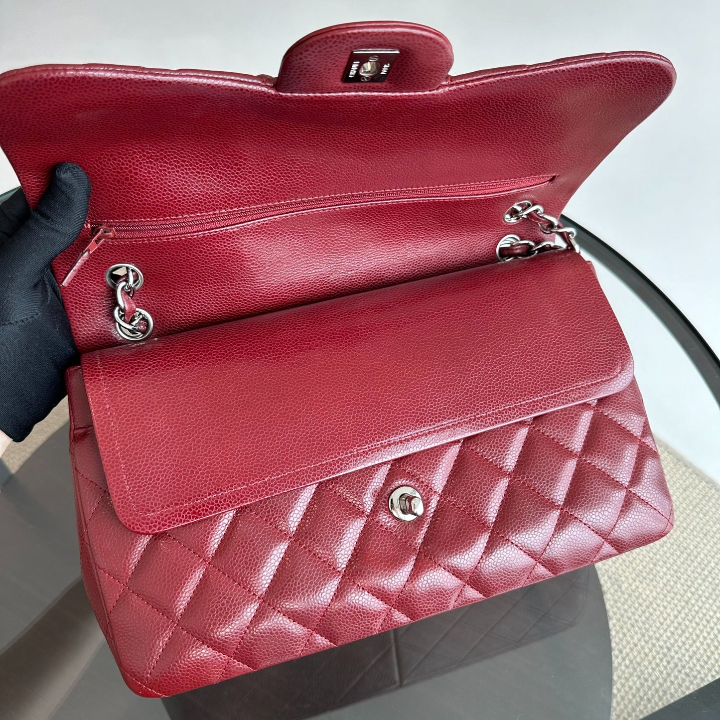 Caviar Jumbo Double Flap Classic Flap 30CM Cross Body Burgundy SHW No 14