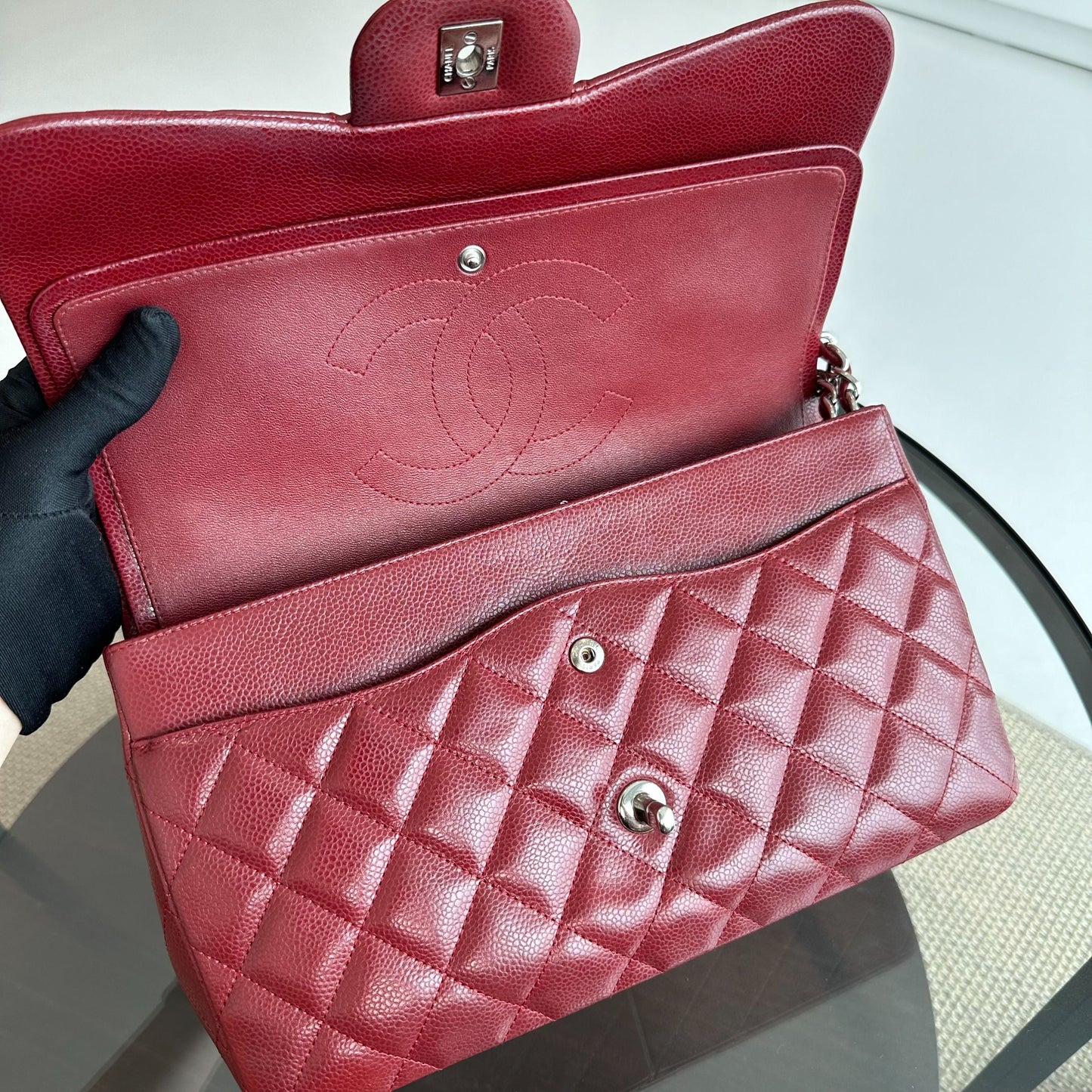 Caviar Jumbo Double Flap Classic Flap 30CM Cross Body Burgundy SHW No 14
