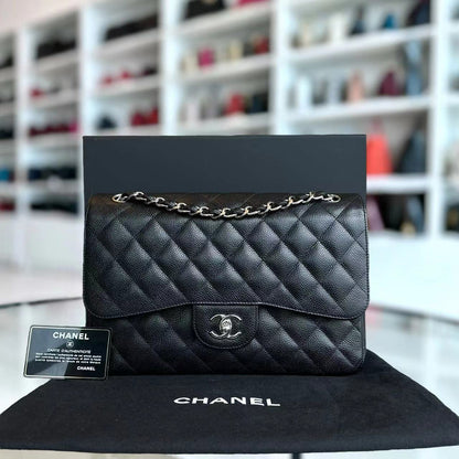 Caviar Jumbo Double Flap Classic Flap Quilted Calfskin Black Silver Hardware Series 19