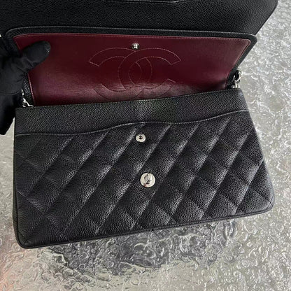 Caviar Jumbo Double Flap Classic Flap Quilted Calfskin Black Silver Hardware Series 19