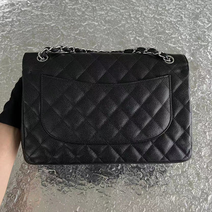 Caviar Jumbo Double Flap Classic Flap Quilted Calfskin Black Silver Hardware Series 19