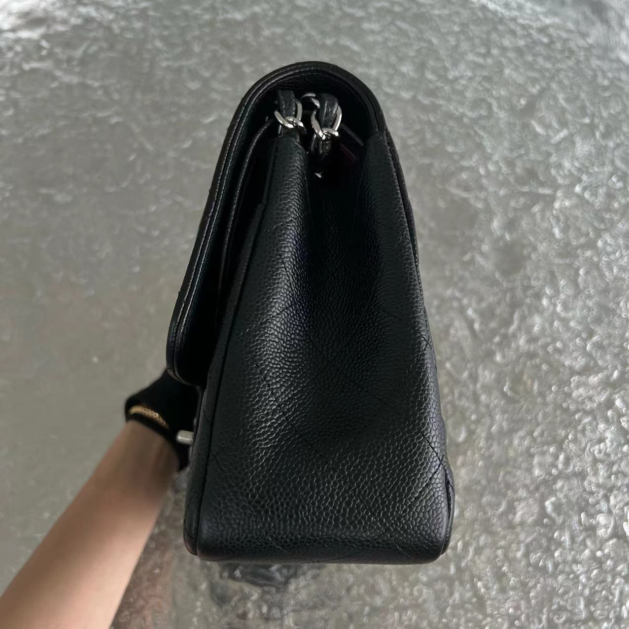 Caviar Jumbo Double Flap Classic Flap Quilted Calfskin Black Silver Hardware Series 19
