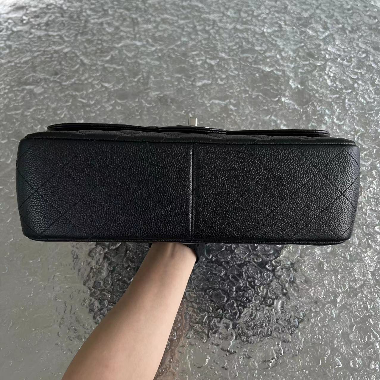 Caviar Jumbo Double Flap Classic Flap Quilted Calfskin Black Silver Hardware Series 19