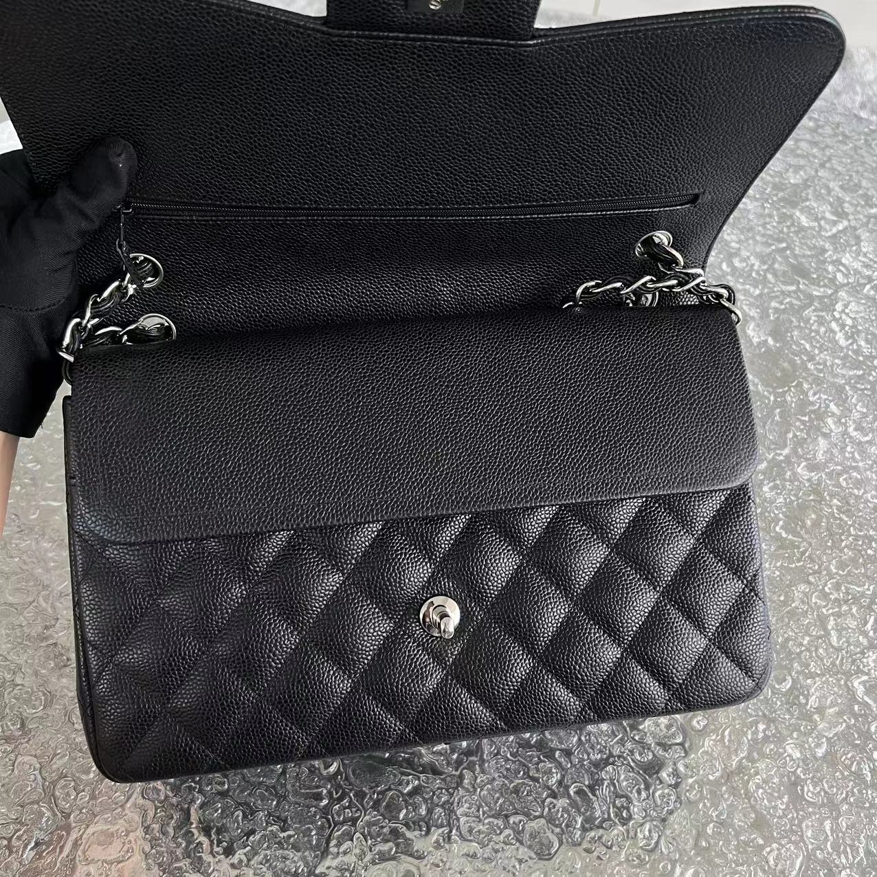 Caviar Jumbo Double Flap Classic Flap Quilted Calfskin Black Silver Hardware Series 19