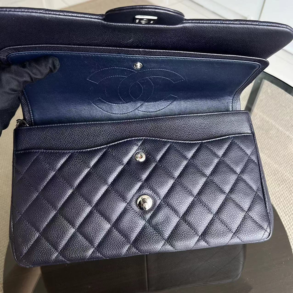 Caviar Jumbo Double Flap Classic Flap Quilted Calfskin Dark Blue Purple SHW No 18
