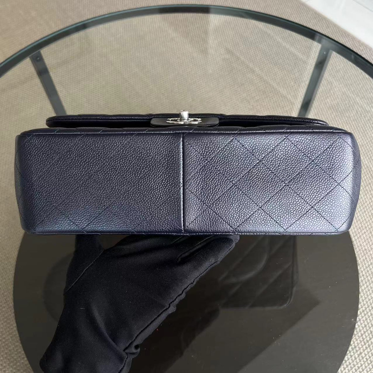 Caviar Jumbo Double Flap Classic Flap Quilted Calfskin Dark Blue Purple SHW No 18