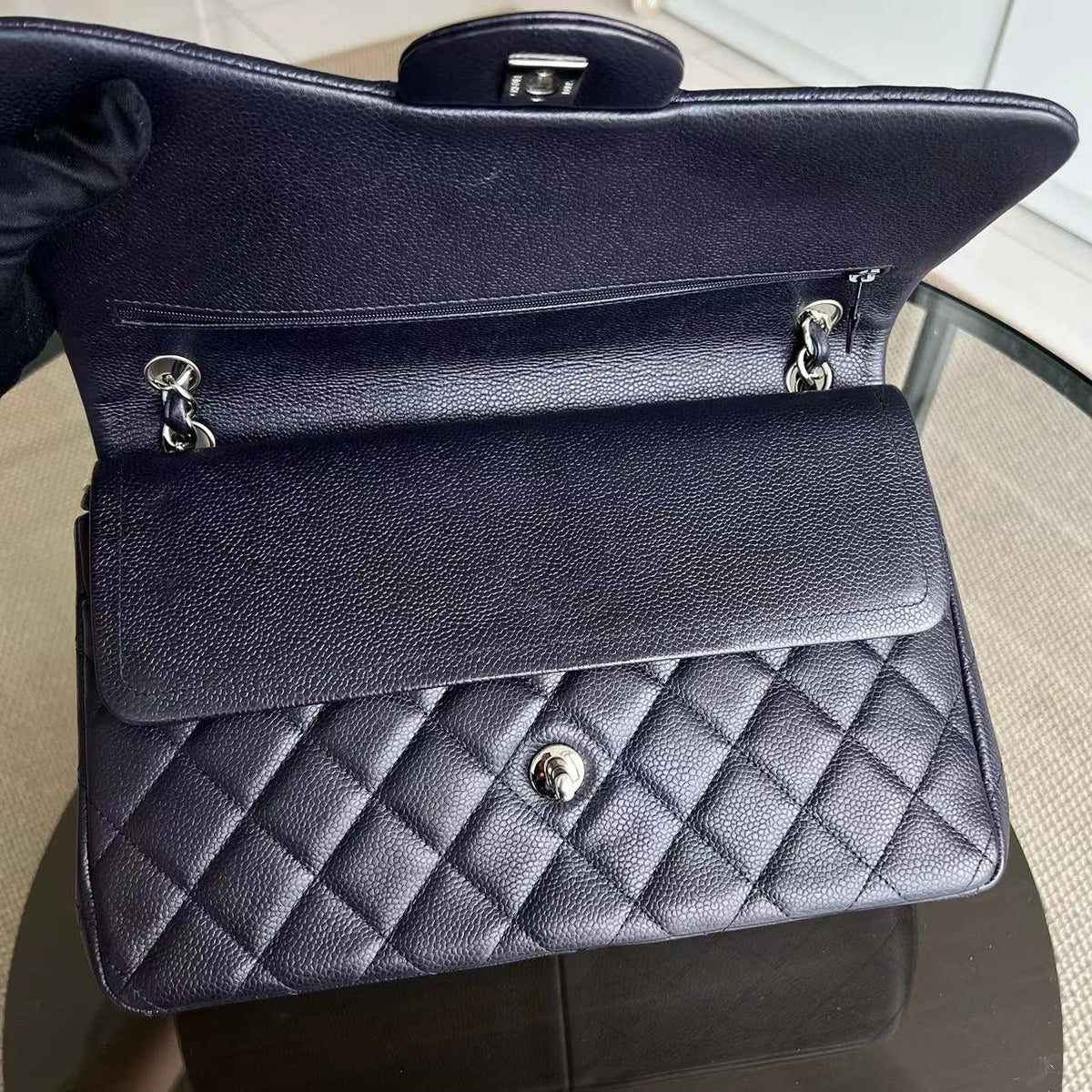 Caviar Jumbo Double Flap Classic Flap Quilted Calfskin Dark Blue Purple SHW No 18
