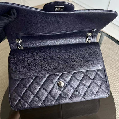Caviar Jumbo Double Flap Classic Flap Quilted Calfskin Dark Blue Purple SHW No 18