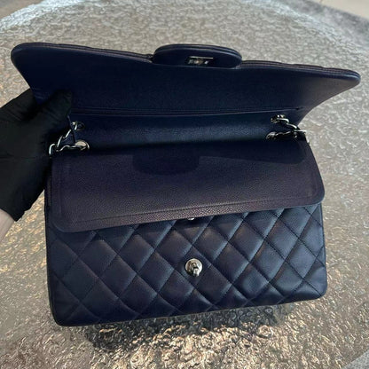 Caviar Jumbo Double Flap Classic Flap Quilted Calfskin Navy Blue SHW No 18