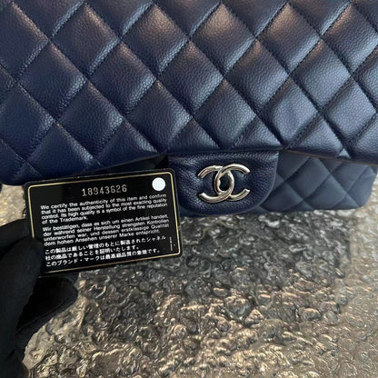Caviar Jumbo Double Flap Classic Flap Quilted Calfskin Navy Blue SHW No 18