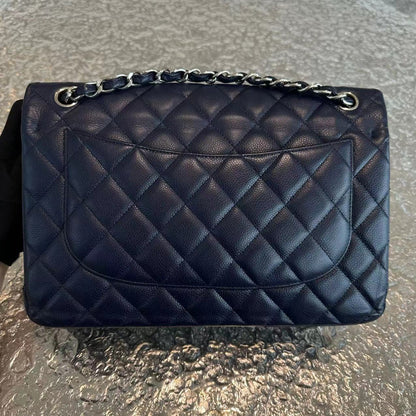Caviar Jumbo Double Flap Classic Flap Quilted Calfskin Navy Blue SHW No 18