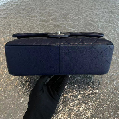 Caviar Jumbo Double Flap Classic Flap Quilted Calfskin Navy Blue SHW No 18