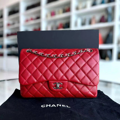 Caviar Jumbo Double Flap Classic Flap Quilted Calfskin Red SHW No 19