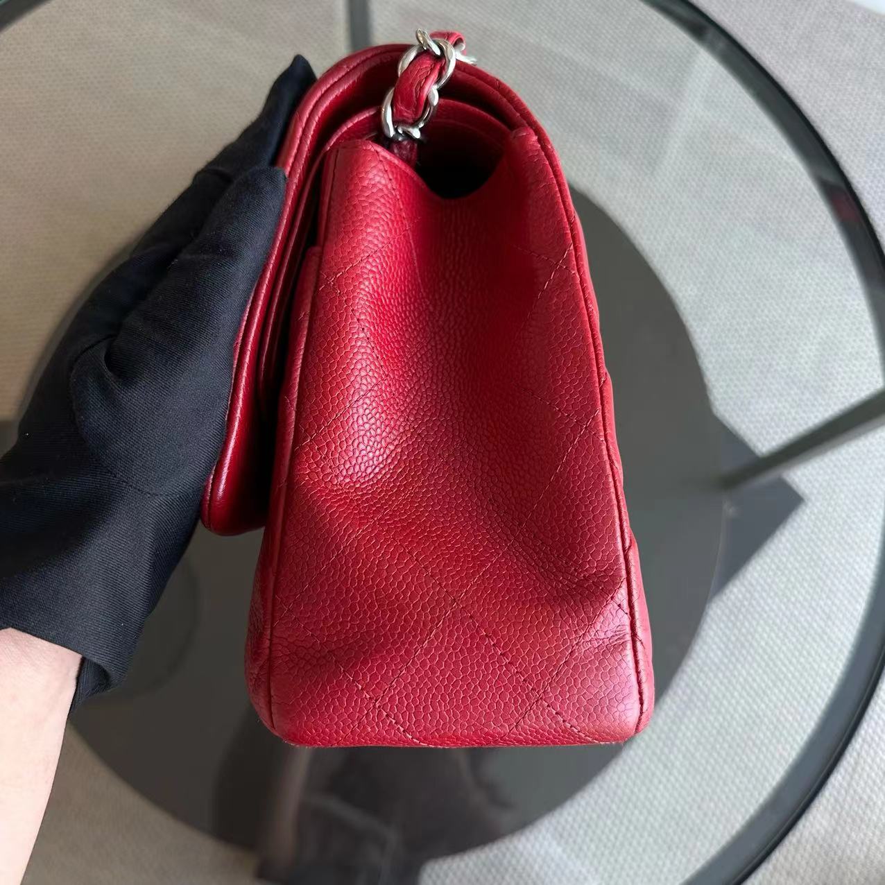 Caviar Jumbo Double Flap Classic Flap Quilted Calfskin Red SHW No 19